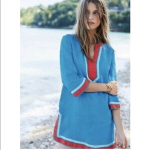 Boden Blue Orange Red Linen Cleo Kaftan Tunic Top US 8 R